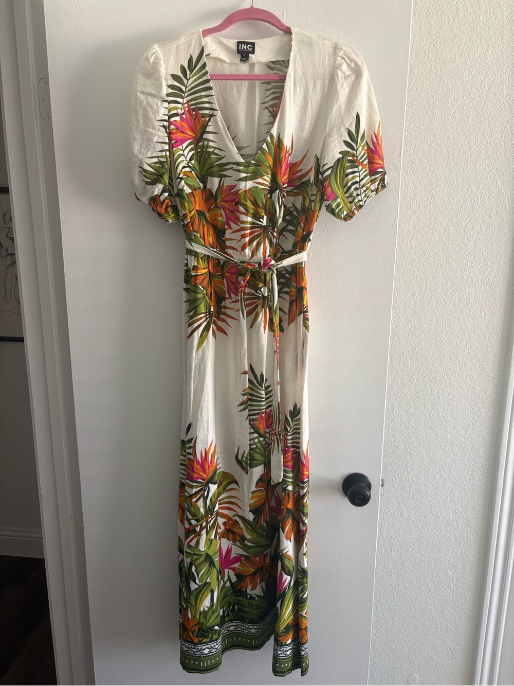 INC International Concepts Cream Maxi Dress with Tropical Floral Print and Belt - Picture 2 of 3